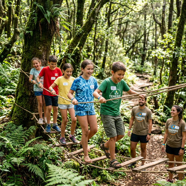 Niños realizando actividades de aventura en el campamento